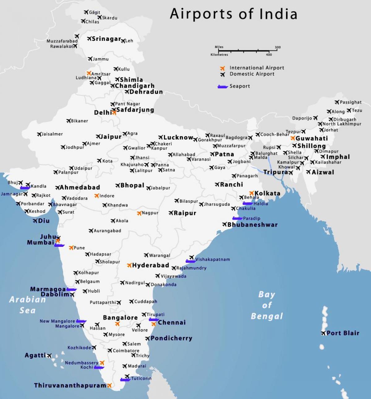 mapa letišť v Indii